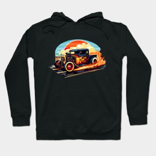 Retro Rat Rod Truck Sunset Flames Classic Hot Rod Pickup Hoodie